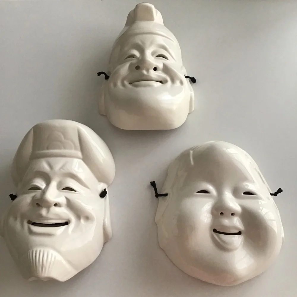 Pier One SET OF 3 White Ceramic Wall Art Masks Japanese Daikoku & Enosis Vintage